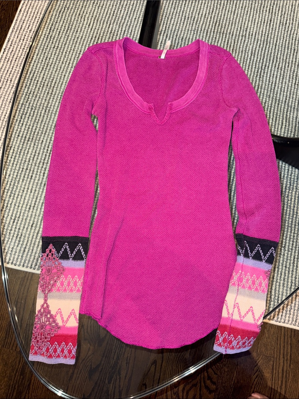 Free People Bright Fuchsia Scoop Neck Sweater with Patterned Cuffs